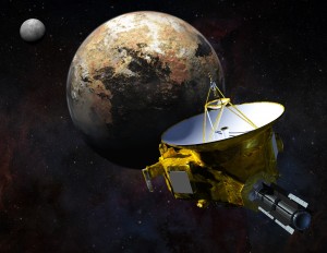 Rappresentazione artistica della sonda New Horizons della NASa mentre si avvicina a Plutone e alla sua luna più grande, Caronte.