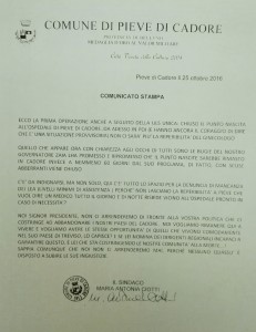 Il comunicato stampa diffuso dal Sindaco di Pieve di Cadore.